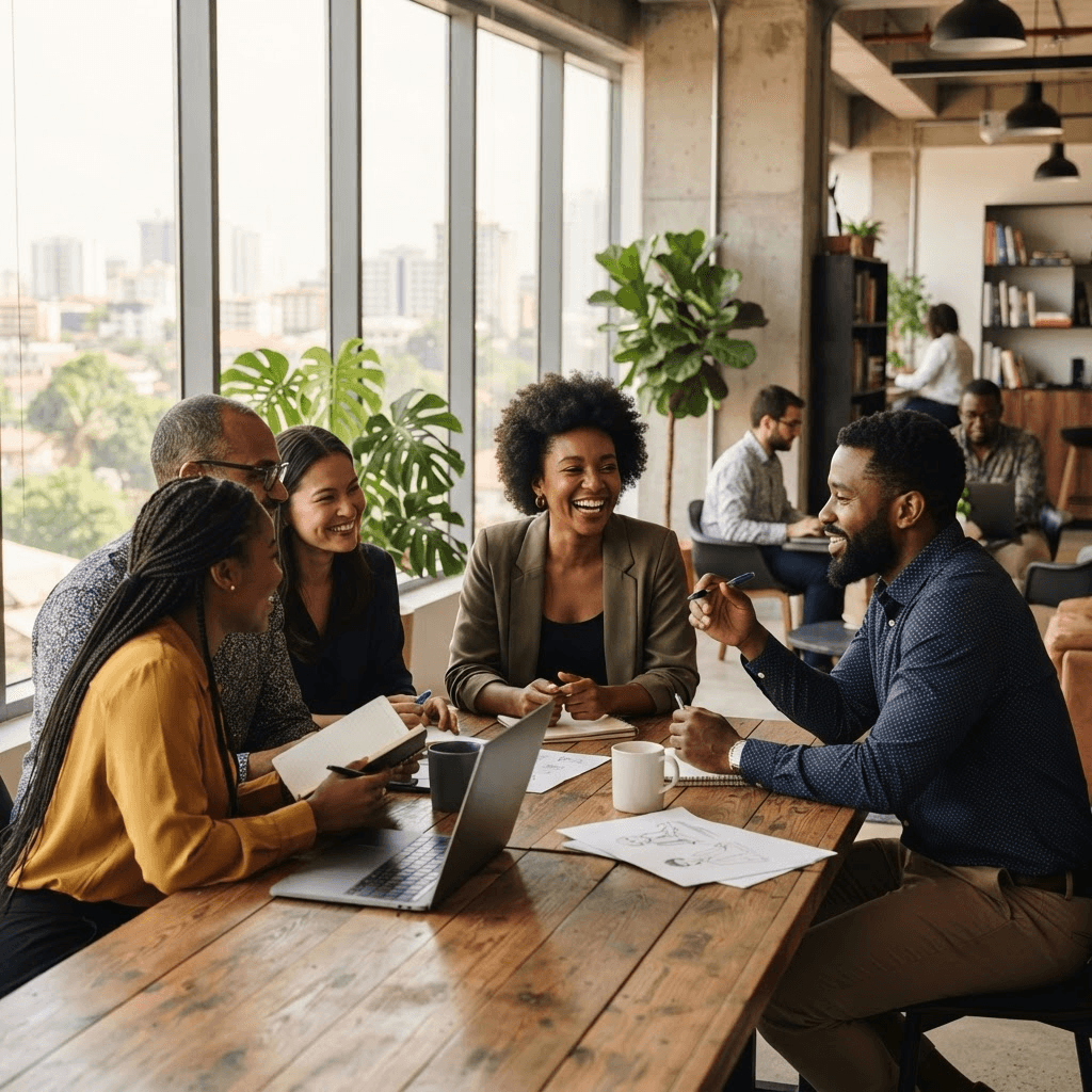 Diverse African entrepreneurs collaborating in a modern workspace