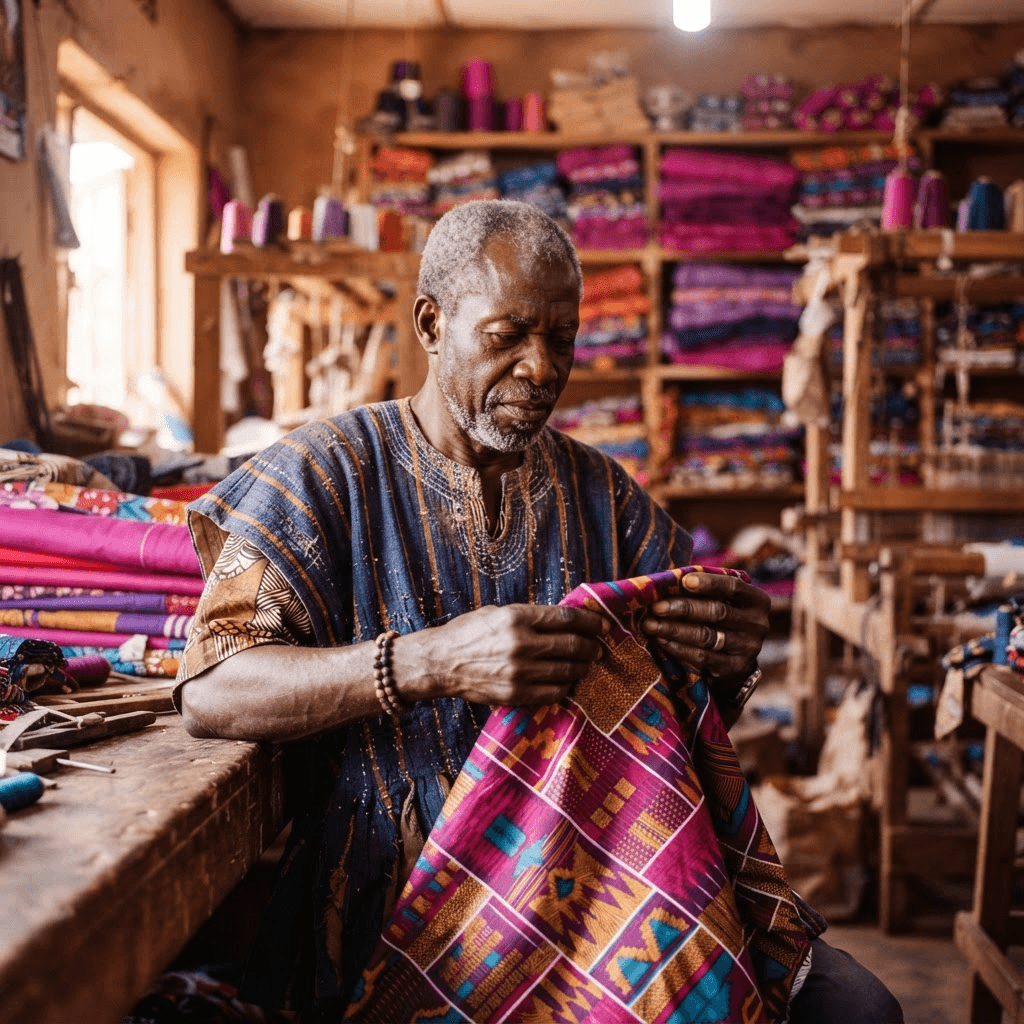 An African maker holding vibrant fabric in a textile workshop